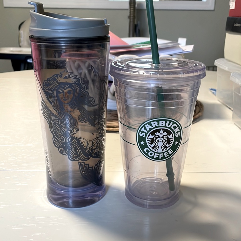 Starbucks Tumblr and cup, Tumblr has mermaid logo as well as cup